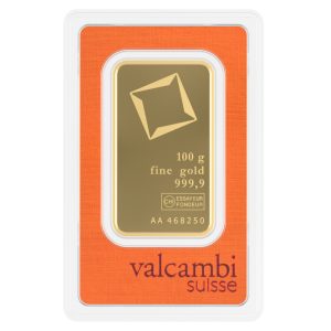 Золотий злиток Valcambi 100 грамів, проба 999.9, швейцарське інвестиційне золото.