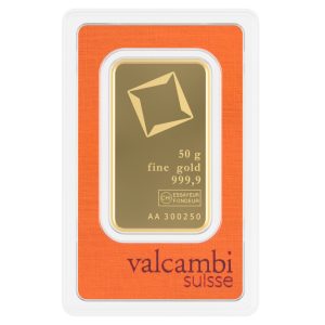 Золотий інвестиційний злиток Valcambi 50 грамів, проба 999.9, швейцарська якість.